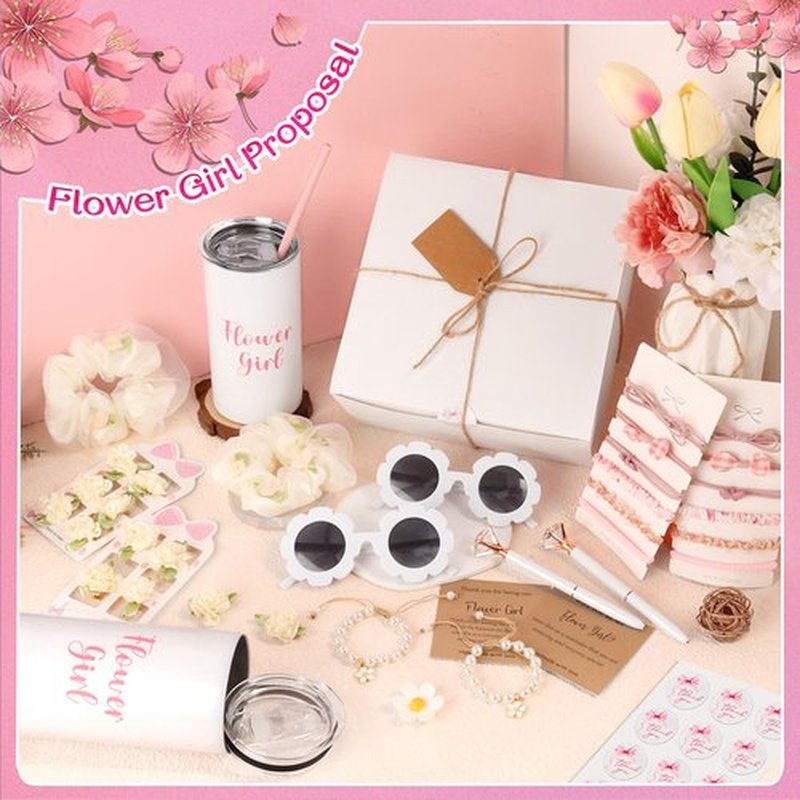 40pcs Flower Girl Proposal Gifts Set of 2, White 12oz Tumbler Sunglasses Pearl Bracelet Diamond Pen Hair Ties Flower Girl Sets for Little