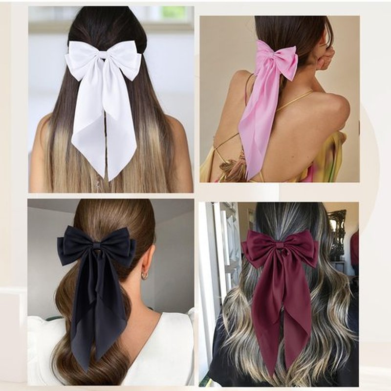 hisial 6Pcs Large Bows Hair Clips for Women Girls Long Tail Hair Ribbon Silky Satin Barrettes Coquette Bows Accessories (Black/Pink/Red/White)