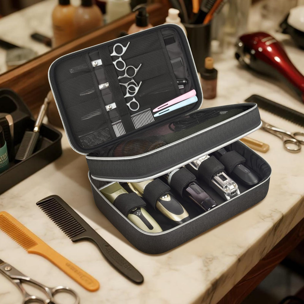 Steadtep Barber Clipper Organizer Bag, Double Layer Hair Clipper Case for Clippers, Guards, Scissors & Barber Supplies, Portable Travel Barber Bag with Transparent Guard Pockets (BLACK, LARGE)