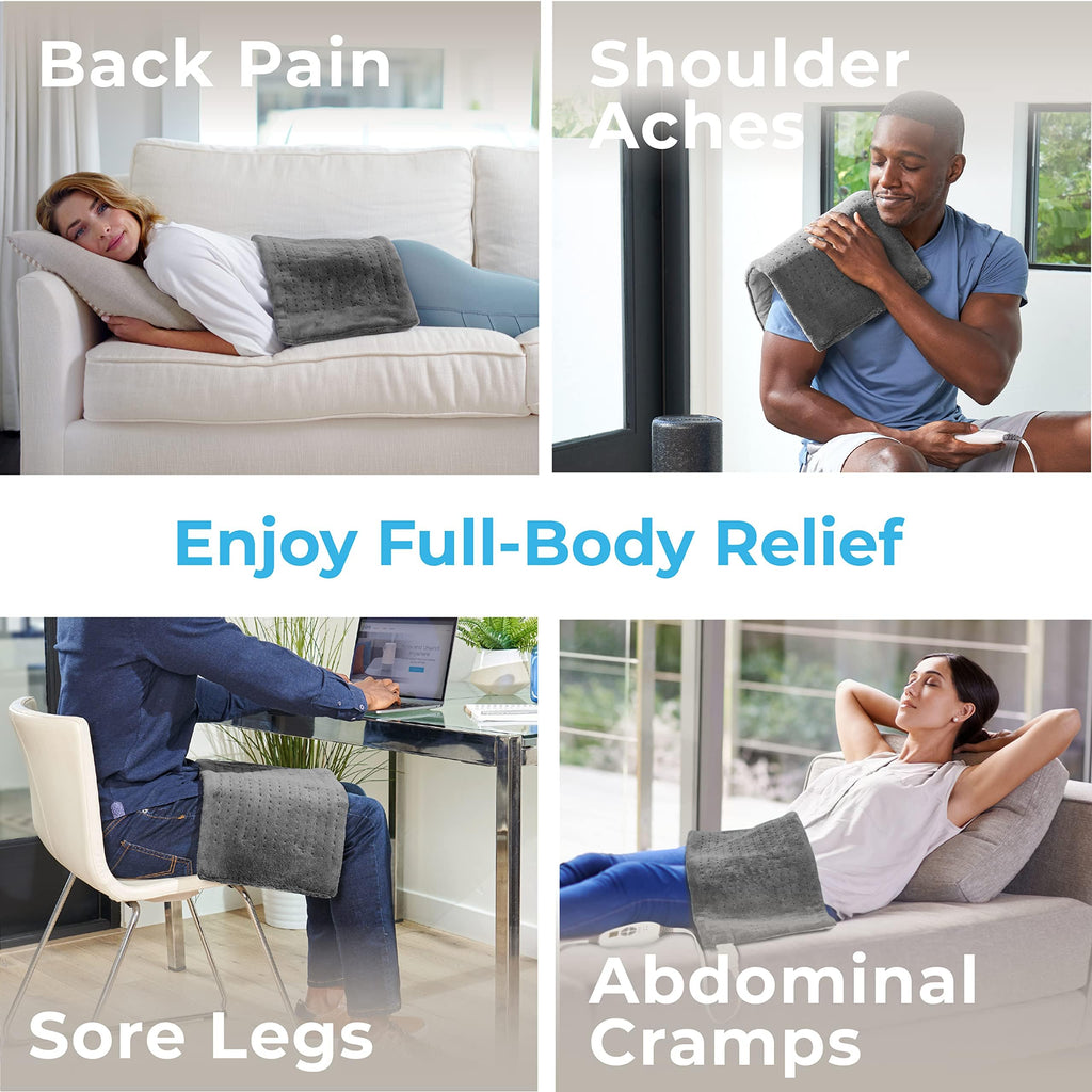 Pure Enrichment® PureRelief® XL Heating Pad - 12" x 24" Electric Heating Pad for Back Pain & Cramps, 6 Heat Settings, Soft Machine Wash Fabric, Auto-Off & Moist Heat (Charcoal Gray)