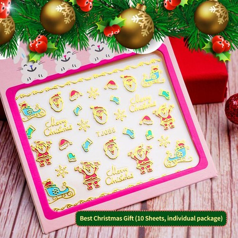 Pretty Diva Christmas Nail Stickers - 10 Packs 3D Metal Gold Xmas Design Self-Adhesive Nail Decals, Bronzing Snowflakes Snowmen Santa Xmas Tree Nail Art Stickers Tips DIY Decoration for Women Kids