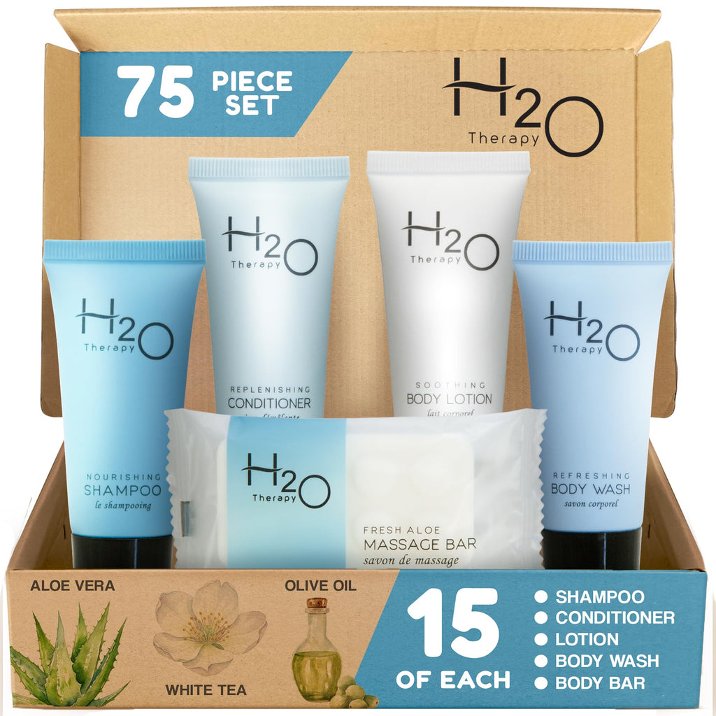 H2O Therapy Amenity & Accessory Kit | 0.85 oz Travel Size Shampoo, Conditioner, Lotion, Body Wash, Massage Bar, Cleansing Bar, Shave & Dental Sets, Make-Up Remover Wipes, & Vanity Kit | 15 sets/case