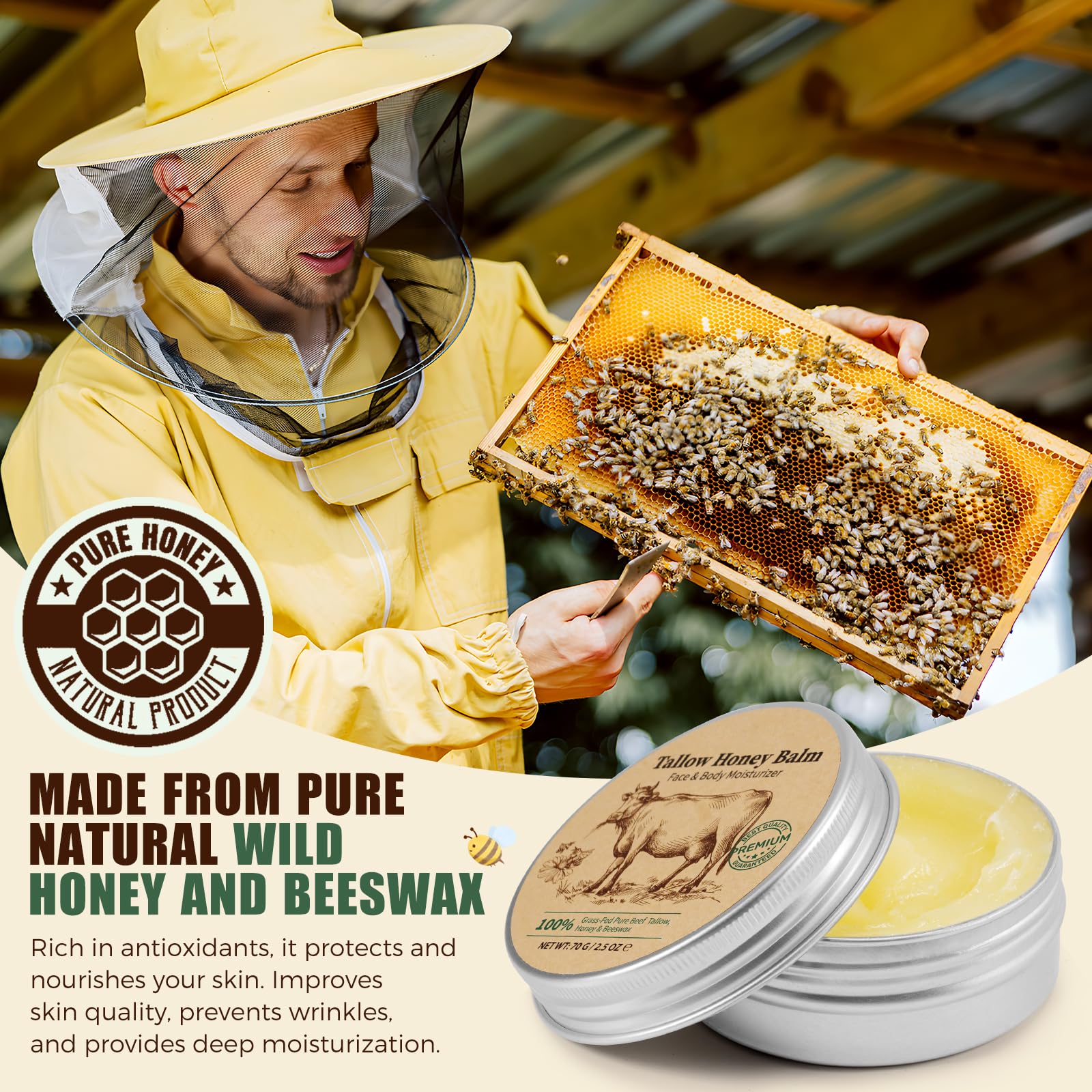 Beef Tallow and Honey Balm for Skin & Face, Grass-Fed Beef Tallow Balm Deeply Nourishing Face Moisturizer, Repairs Skin Barrier for Dry Care, Helps Smooth Appearance Fine Lines & Anti-Aging - 70g