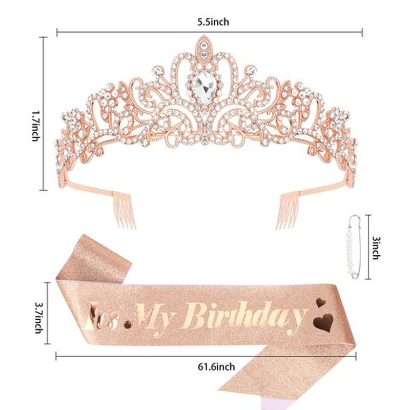 CURASA Rose Gold Birthday Crown and Sash for Women Girls Princess Birthday Tiaras Sashes for Parties and Celebrations