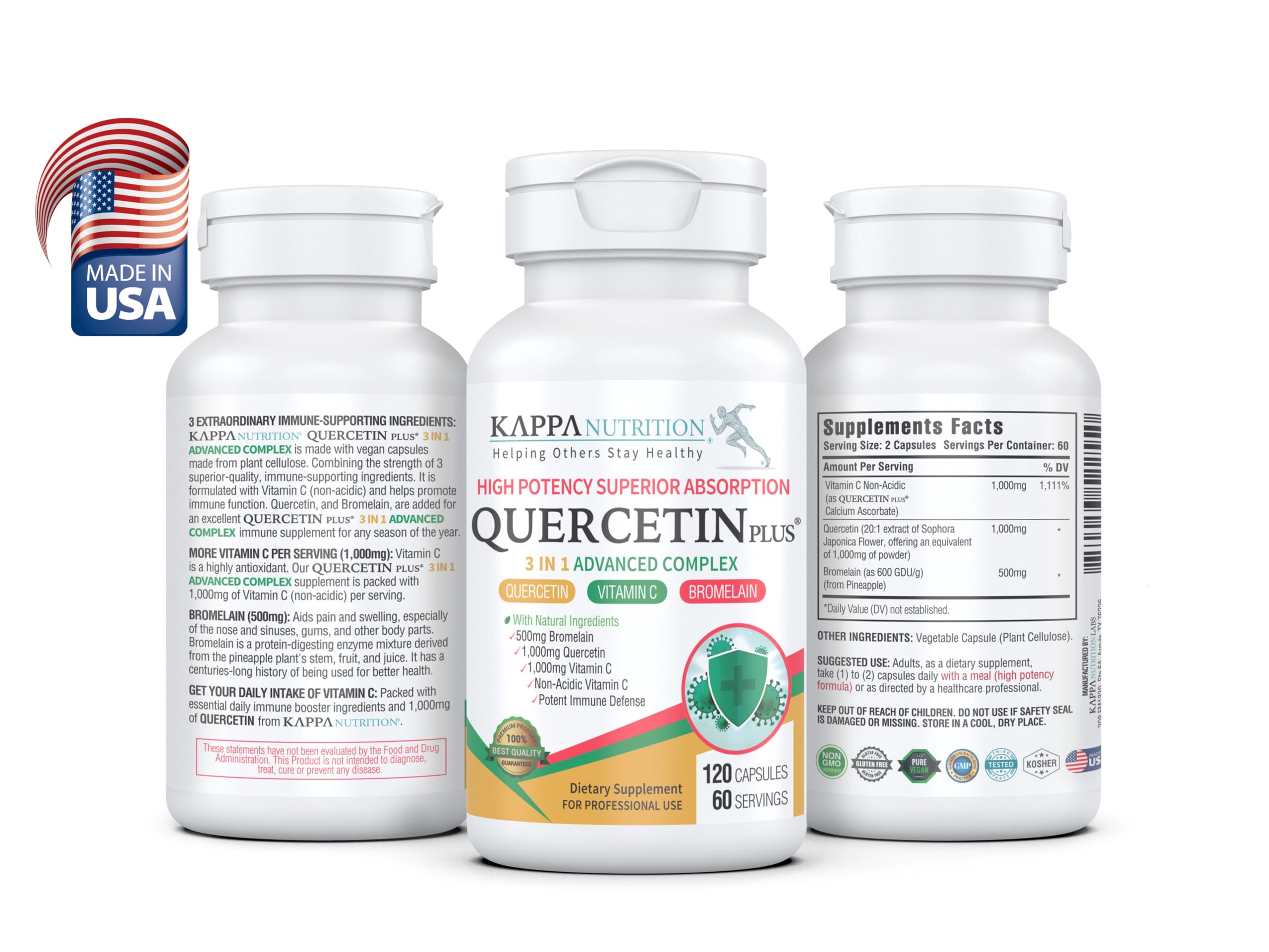 QUERCETIN PLUS, Quercetin 1,000mg, Bromelain 500mg and Vitamin C 1,000mg, (120 Capsules), 3 in 1 from Bioflavonoids, Supports Immune, Cardiovascular & Respiratory Health, Seasonal Allergy Relief.