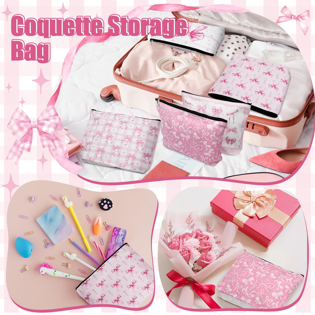Reginary 12 Pcs Pink Bow Makeup Bags Coquette Bow Cosmetic Bags with Zippers Coquette Party Favors Pink Aesthetic Elegant Pouch Bulk Gifts for Women Mother's Day Birthday Supplies Travel Accessory