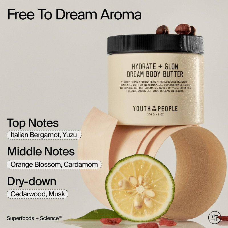 Youth To The People Superberry Hydrate + Glow Dream Body Butter - 3% Niacinamide + Jojoba Oil, Shea Butters, Yuzu + Green Tea + Blonde Woods Scented Body Lotion, Firming Moisturizer - 8 fl oz