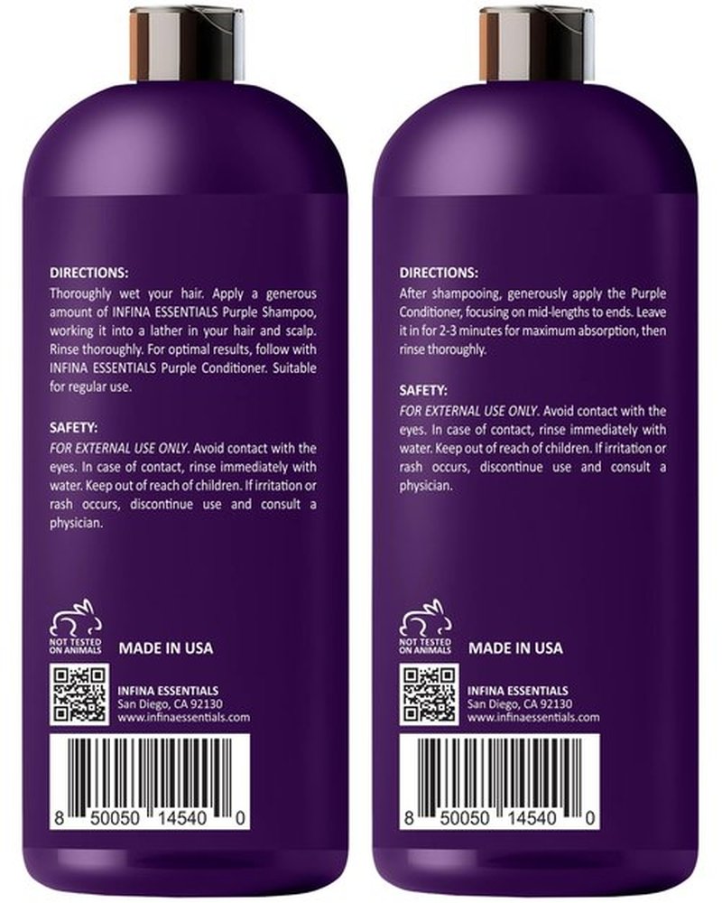 INFINA ESSENTIALS Purple Shampoo and Conditioner Set - Sulfate Free, Enriched with Coconut Oil & Aloe Vera, Ideal for Blonde, Gray, Brassy & Color Treated Hair, Nourishes & Hydrates - 16 fl oz each