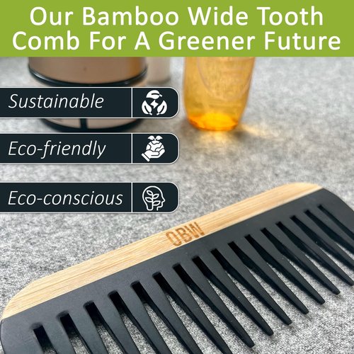 OBW Bamboo Wide Tooth Comb – Detangler for Curly, Thick & Natural Hair – Dimensions: 5.8x2.1 in, 1.1 oz - Lightweight & Durable Bakelite-Infused Comb for Men & Women – Anti-Frizz Hair Tool by ORW