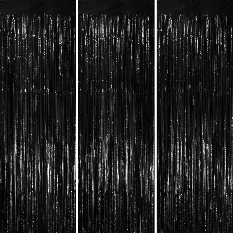 Voircoloria Black Foil Fringe Backdrop Curtains - 3 Pack Tinsel Streamers for Parties | 3.3x8.2 Feet