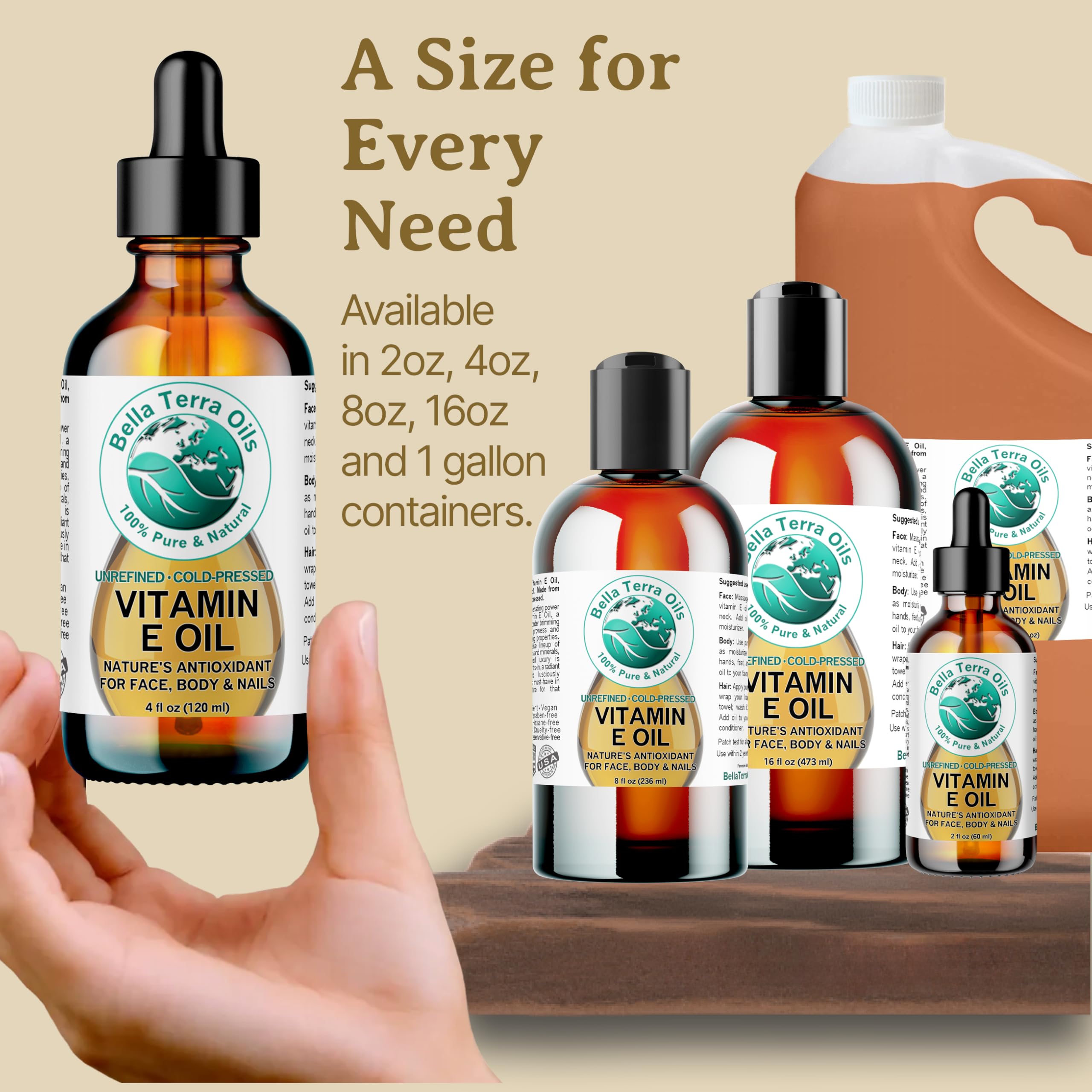 Bella Terra Oils Pure Vitamin E Oil, All Natural, d-Alpha Tocopherol – 1 Gallon, Derived from Wheat Germ, Supports Skin & Hair Health