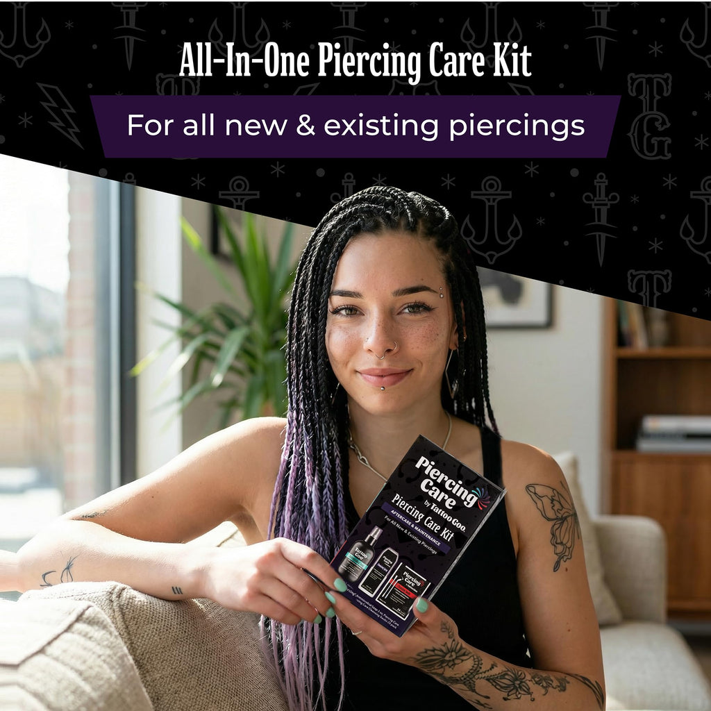 Tattoo Goo Piercing Care Kit, 3-Piece Set with Cleansing Soap, Cleansing Spray & Medicated Swabs, Aftercare for Clean and Comfortable Dermal & Oral Piercings, No Alcohol