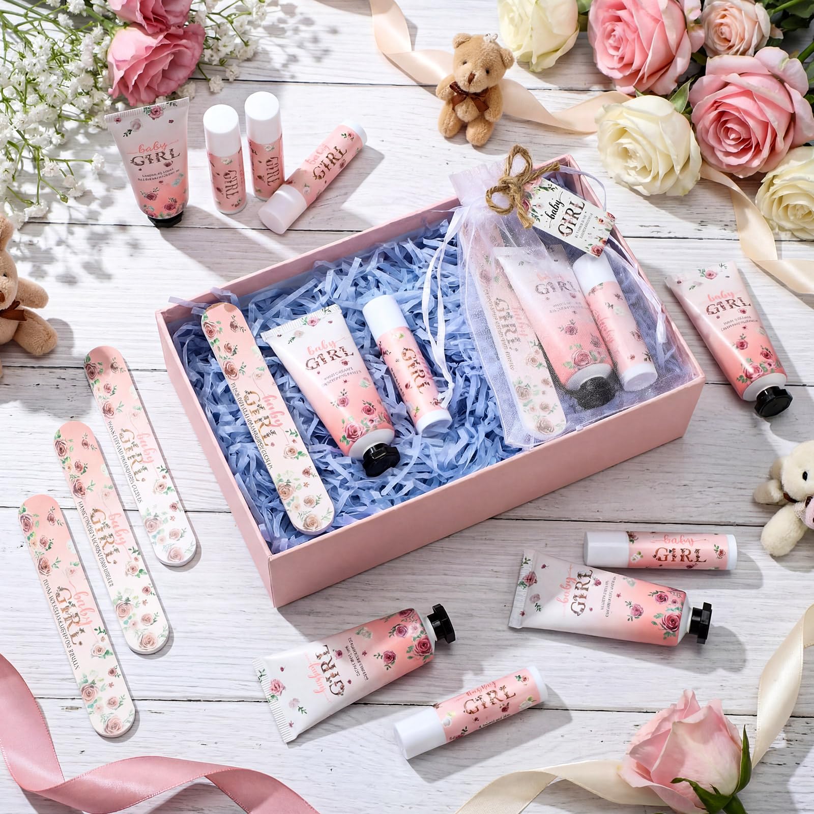 Leelosp 50 Sets Baby Shower Favors for Guests Baby Shower Hand Cream and Lip Balm Bulk Gift Set Thank You Gift Travel Size Hand Lotion Lip Balm with Nail File Party Favors