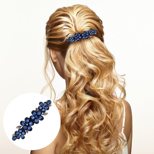 HINZIC Sparkly Rhinestone Hair Clip, Crystal Blue Flower Prom Barrettes Wedding Engagement Pageant Formal Dressy Decorative Accessories for Bride Women Thick Long Hair - 1PCS