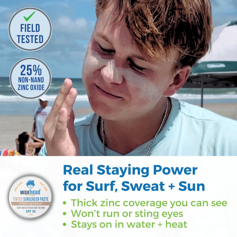 Waxhead Tinted Reef-Safe Mineral Sunscreen SPF 30 Zinc Oxide, Tint Zinc Face Sunscreen for Surfing & Swimming, Zinc Paste Sunblock for Nose & Face, Matte Finish, Travel Size 2 oz Tin