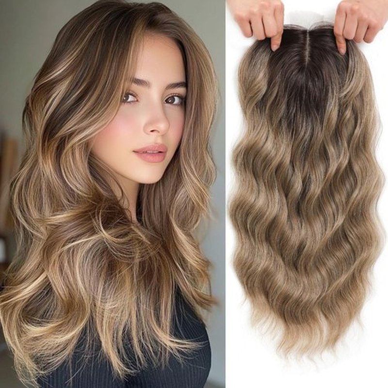 Hair Toppers for Women, 20 Inch Toppers Hair pieces for Women with Thinning Hair Big Base Curly Wavy Wiglets Cover 360° 3D Middle Part Clip in Bangs (Highlights Blonde Brown with Dark Root)