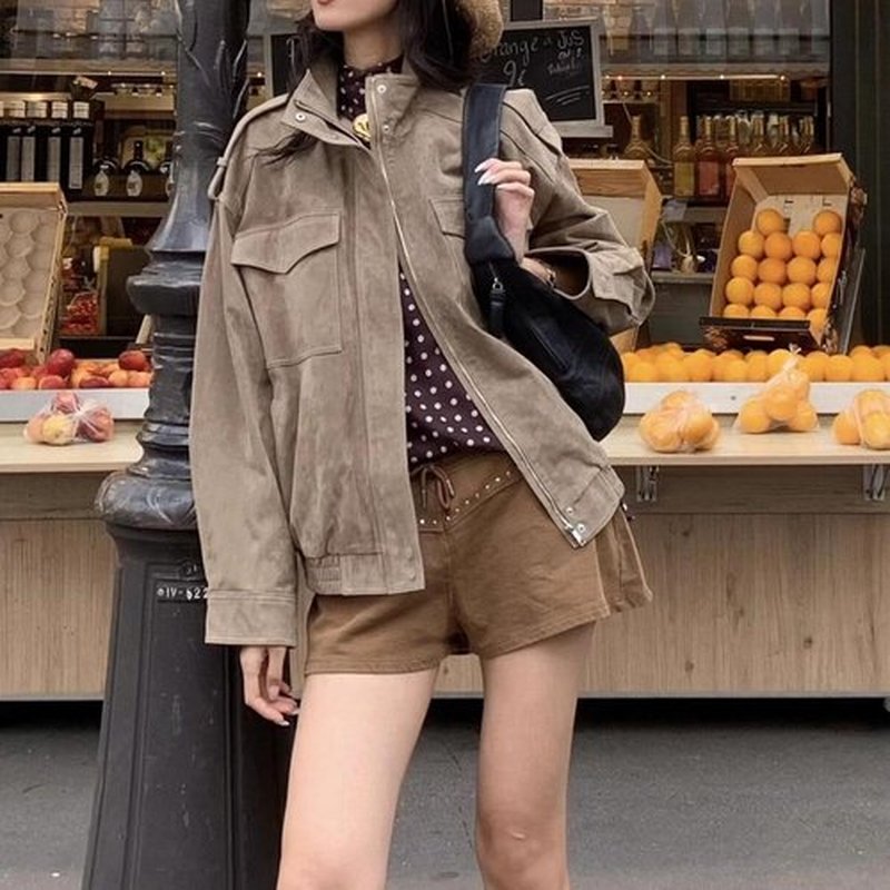 FindThy Suede Leather Jacket - Vintage High Collar, Long Sleeve, Oversized Coat with Pockets
