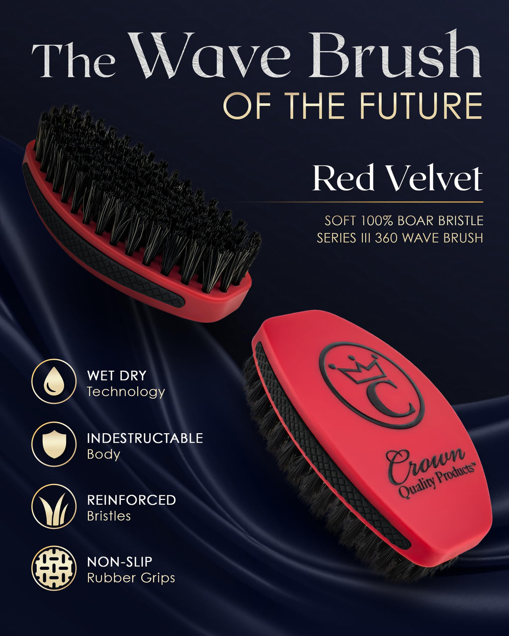 Crown Quality Products 360 Sport Wave Caesar 2.0 Boar Bristle Hairbrush, Soft, Red Velvet - Non-Slip Grip, Waterproof Design - The Ultimate 360 Wave Brush