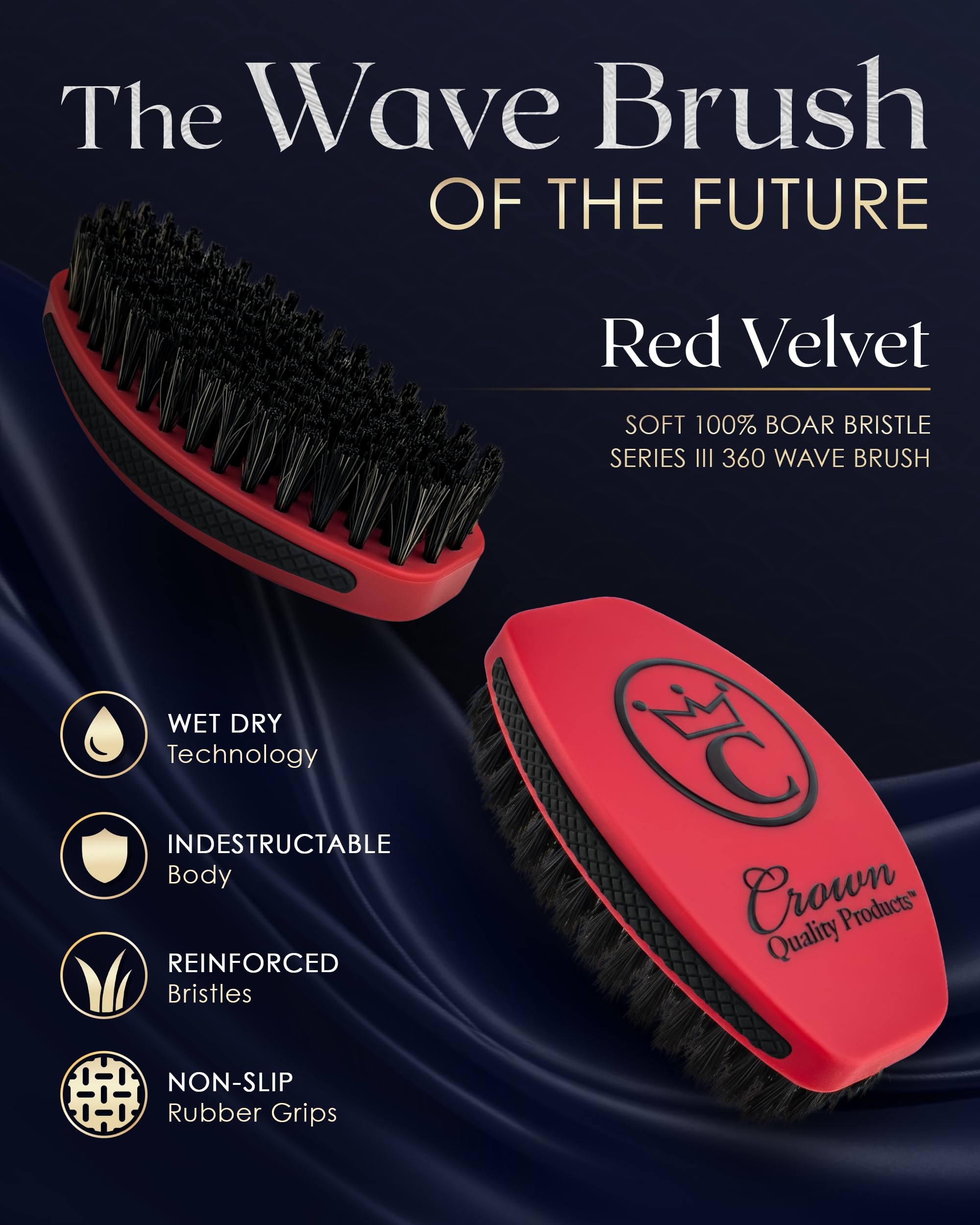 Crown Quality Products 360 Sport Wave Caesar 2.0 Boar Bristle Hairbrush, Soft, Red Velvet - Non-Slip Grip, Waterproof Design - The Ultimate 360 Wave Brush
