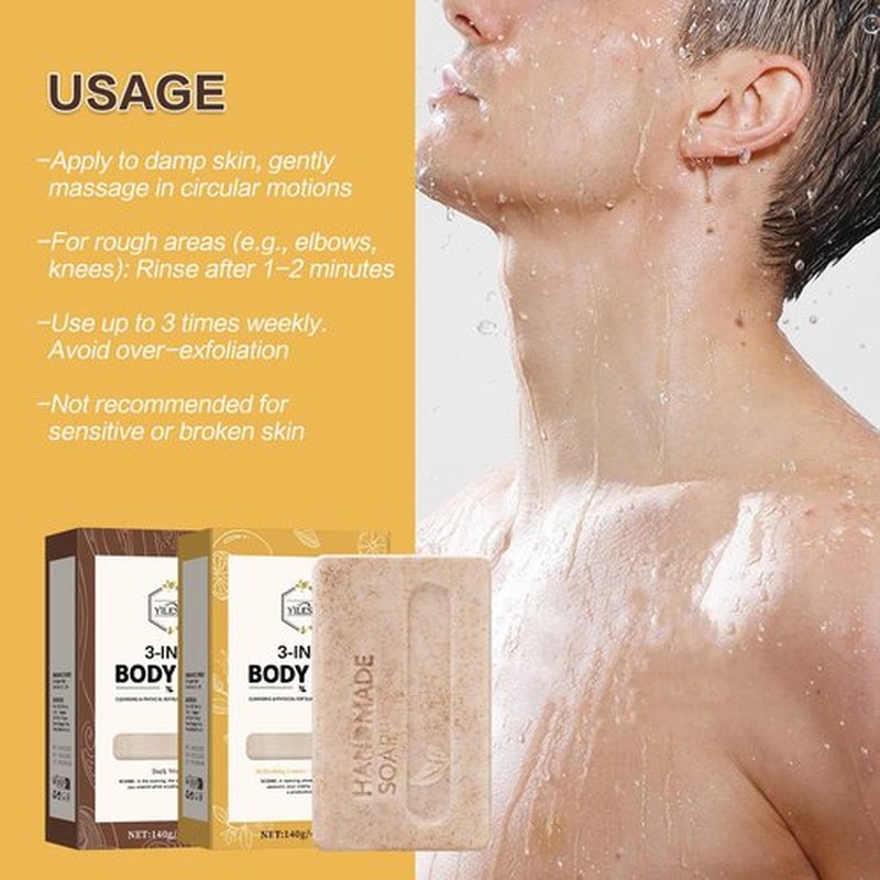 Men’s 3-in-1 Summer Body Bar Soap – 2 Pack Exfoliating, Cleansing & Moisturizing | Shea Butter + Oat Kernel | Handmade Natural Soap for Back & Body (2, Sandalwood & Lemon Scents)