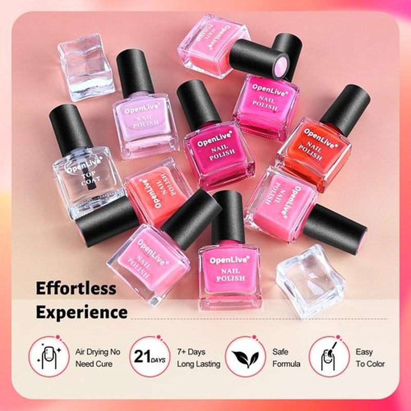 OpenLive 12 PCS Pink Nail Polish Set With 10 Colour Combo, 2 PCS Base and Top Coat, Fast Drying Long Lasting Nail Polish for Holiday Gift Giving