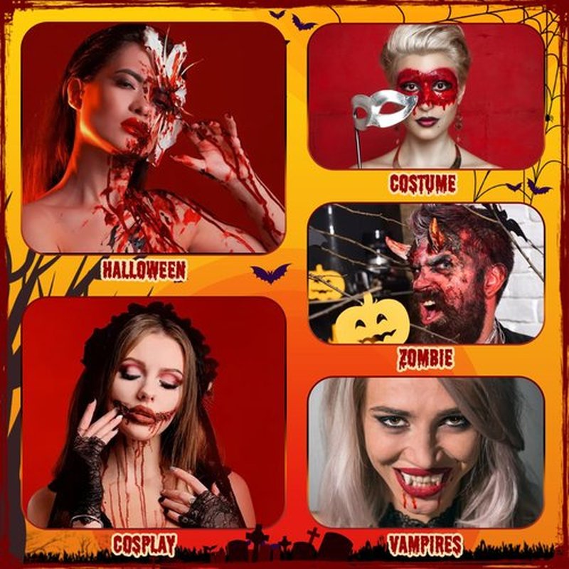 Oiomniv 5PCS Fake Blood Kit, 2.03oz Fake Blood Spray 2.03oz Dripping Blood 1.01oz Coagulated Blood Gel, Realistic Halloween SFX Makeup Washable for Zombie Vampire Cosplay Costume