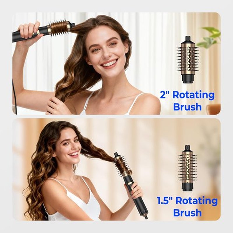4 in 1 Rotating Hair Dryer Brush Spinning with Detachable Brush(2" & 1.5"),Negative Ionic Brush Blow Dryer 100-120V,3 Heats and 2 Speeds Rotating Hot Air Brush for Curling,Straight,Drying