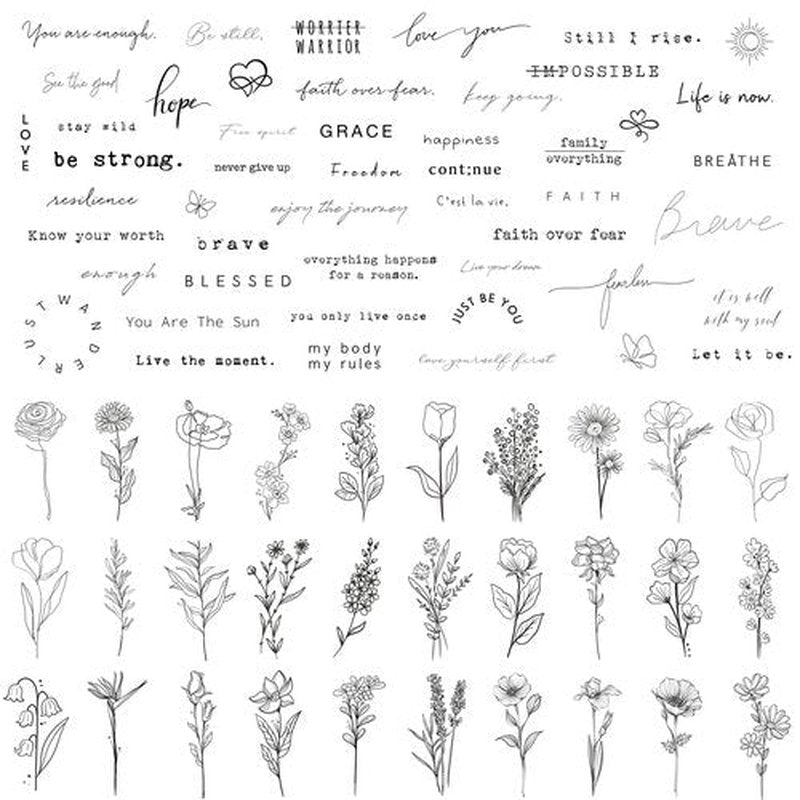 TATUWST Realistic Temporary Tattoos - 60 Sheets Tiny Small Removable Tattoos, 30 Pcs Inspirational Quotes Words Tattoos, 30 Pcs Wild Flower Ink Line Botanical Floral Leaf Tattoo Stickers for Women