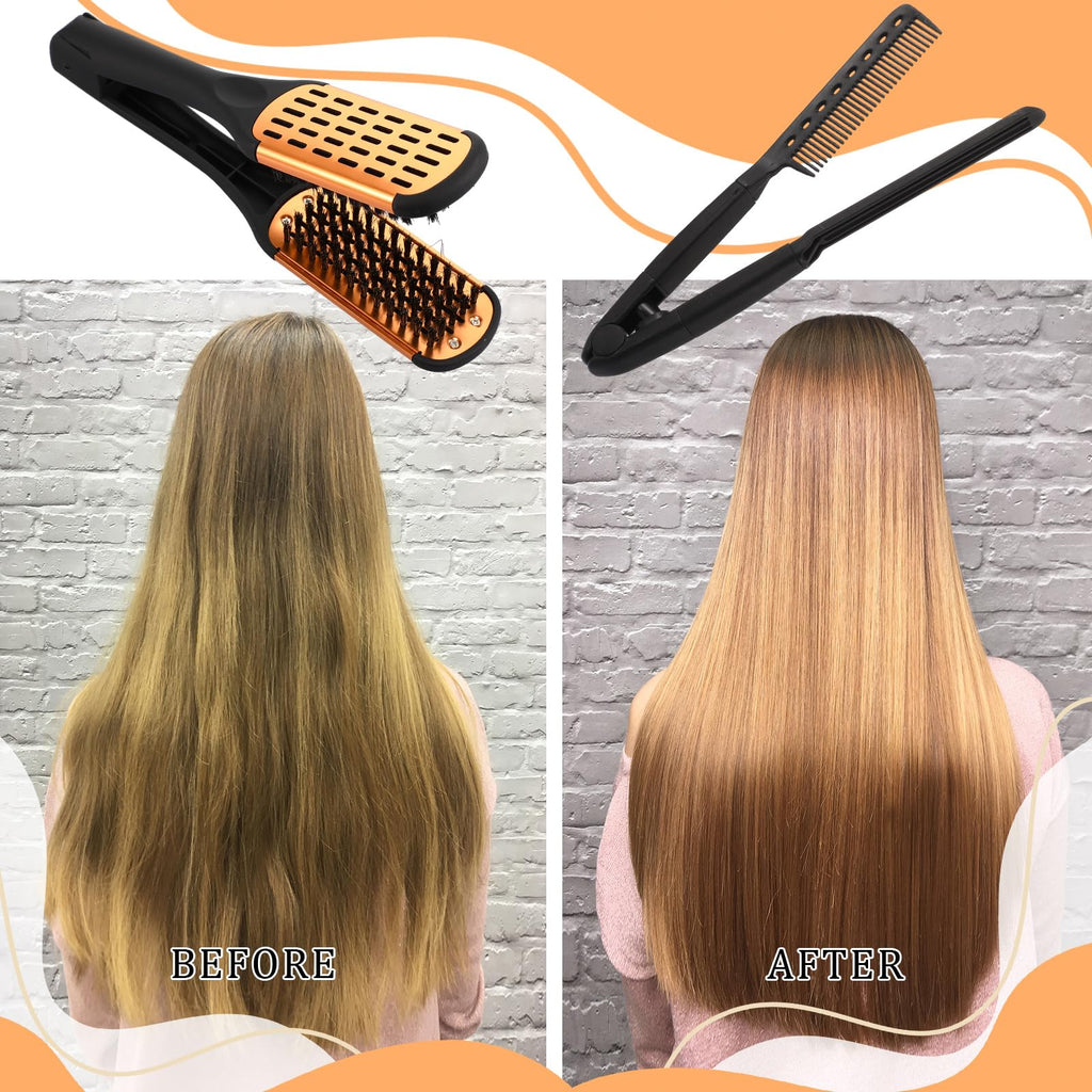 CHENGU 2 Pcs Hair Straightening Combs, Boar Bristles Clamp Double Sided Brush & V Shaped Styling Hair Comb, For Straightening Knotty Unkempt Hair (Gold, Black)
