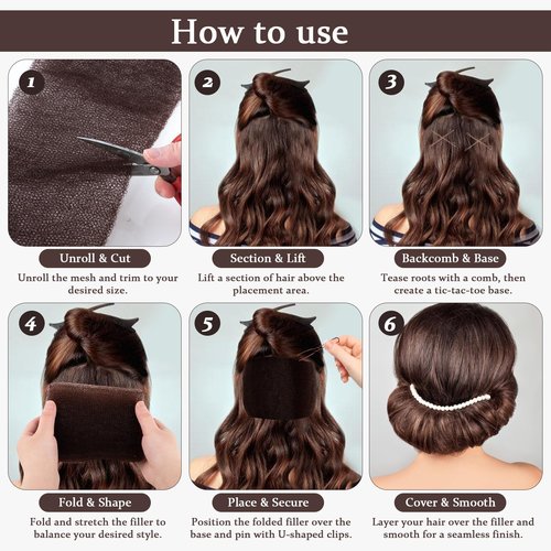 Hair Bumps for Volume Insert, Hair Sponge for Updo - Hair Mesh Filling Padding for Women - Bobby Pins - U Shape Hair Pin, Comb and Plastic Clips, Brown