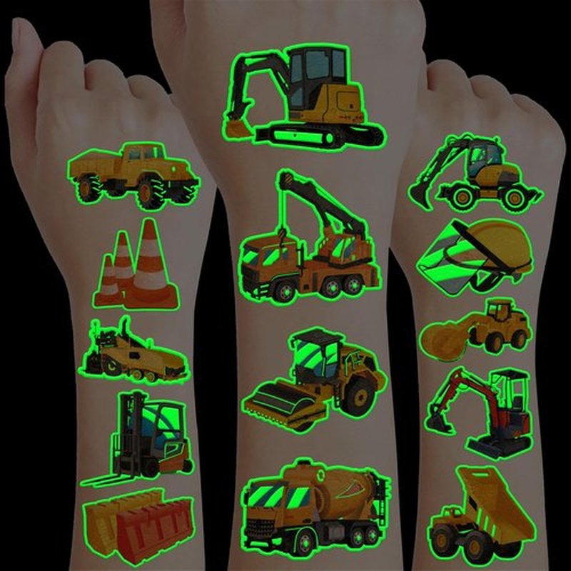 96 PCS Construction Car Truck Pre-Cut Luminous Glow in the dark Temporary Tattoos for Kids | Super Cute Themed Birthday Party Favors, Supplies, Decorations, Fake Tattoo Stickers Gifts for Boys Girls