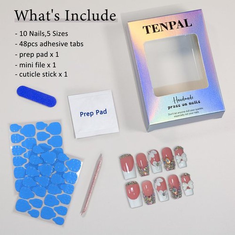 TENPAL Handmade Press on Nails Medium Long Square - Sheer Nude French Tip Fake Nails with 3D Floral, Full Cover Glitter 3D Bow Design False Nail Tips for Women Girls Daily Wear Parties Gifts(S)