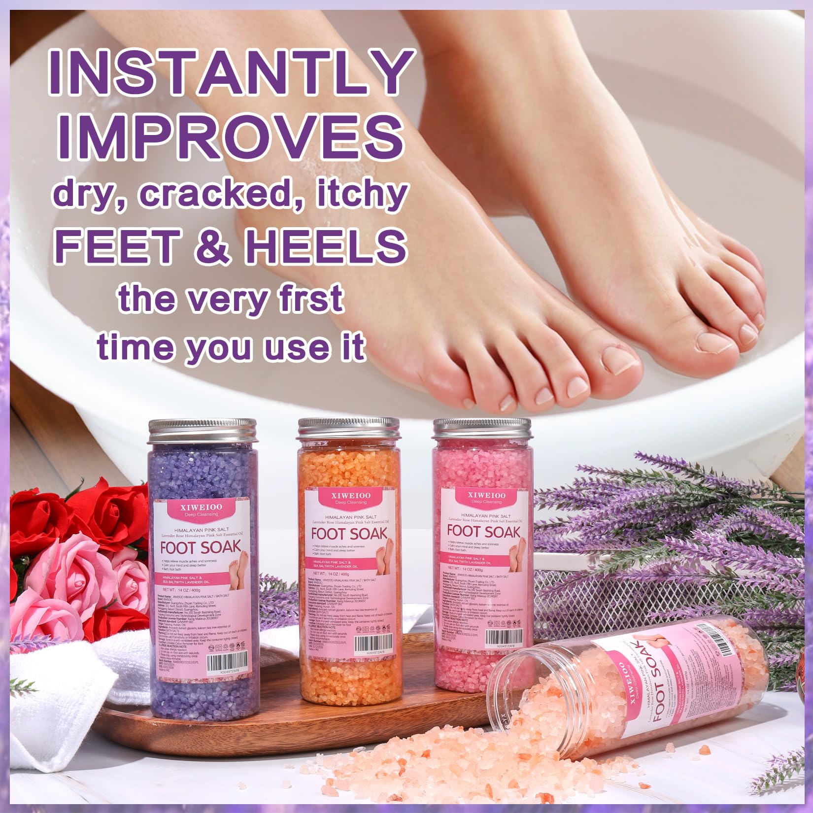 XIWEIOO Foot Soak Salts 4 Pack Kit 56 OZ Himalayan Pink Salt Lavender Orange Rose Scent Athletes Itching,Tea Tree Oil Foot Care Pedicure for Women Dead Sea Salt Moisturizing Skin Softens Calluses