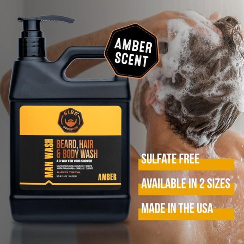 GIBS Grooming - Amber Man Wash (33.8 fl oz) 3-in-1 Beard, Hair, Body Soap - Citrus, Oak, Basil Scent - Sulfate Free - Tea Tree Oil, Hemp Oil, Protein - Mens Body Wash & Mens Shampoo - Made in USA