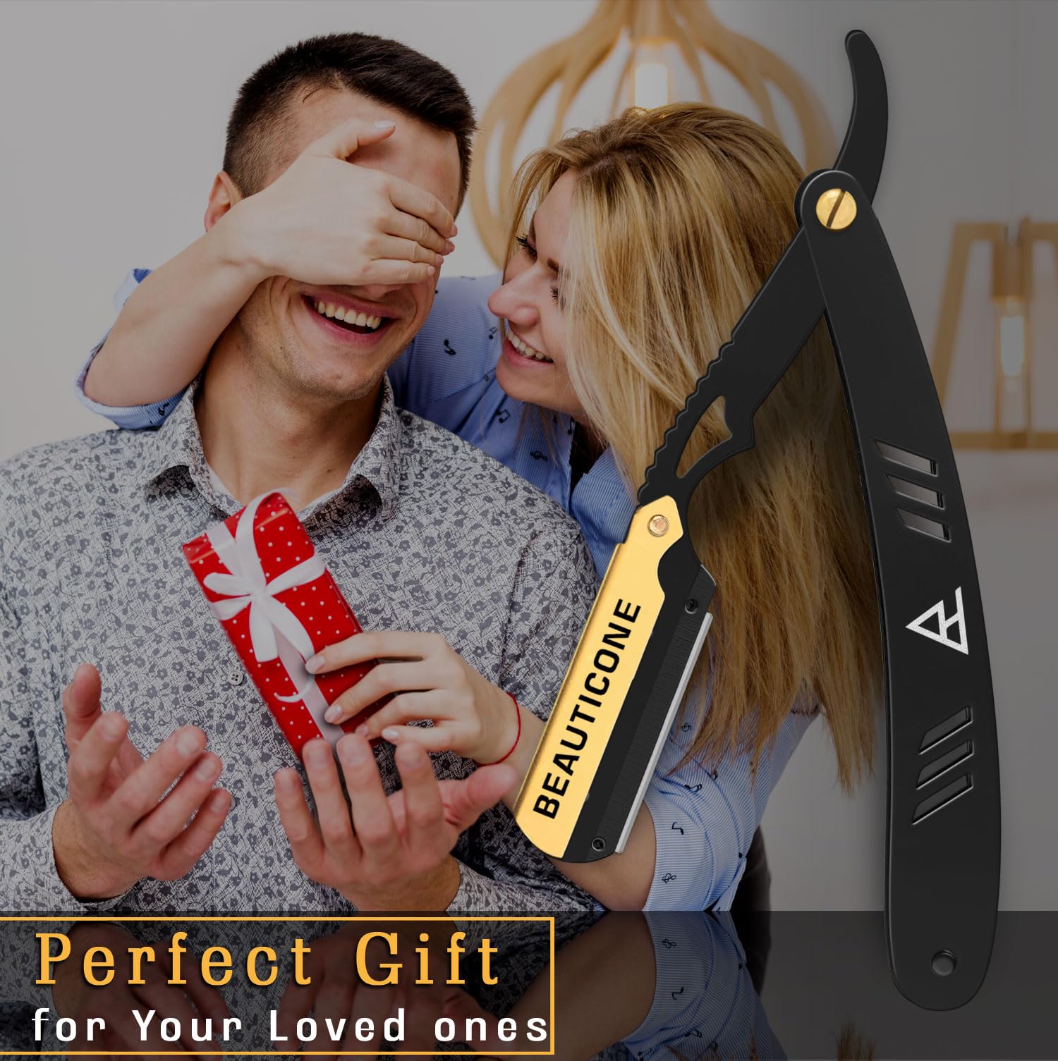 BEAUTICONE Barber Straight Razor for Men – Professional Shavette with Swinglock Blade Holder, Stainless Steel Blades Included, Cut Throat Razor, Black & Gold