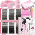DNSGOOR DIY Lash Extension Kit 590Pcs 9-18mm D Curl Lashes Clusters with Lash Bond and Seal Glue Remover Lash Shampoo Cleansing Brush Headband Wristband Tweezers Eyelash Brush Applicator