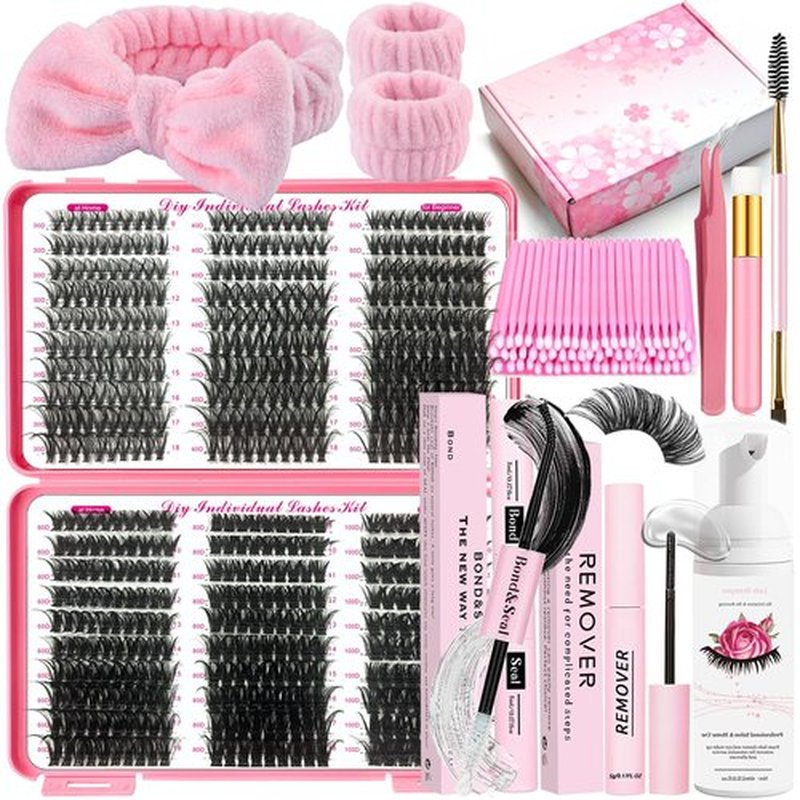 DNSGOOR DIY Lash Extension Kit 590Pcs 9-18mm D Curl Lashes Clusters with Lash Bond and Seal Glue Remover Lash Shampoo Cleansing Brush Headband Wristband Tweezers Eyelash Brush Applicator