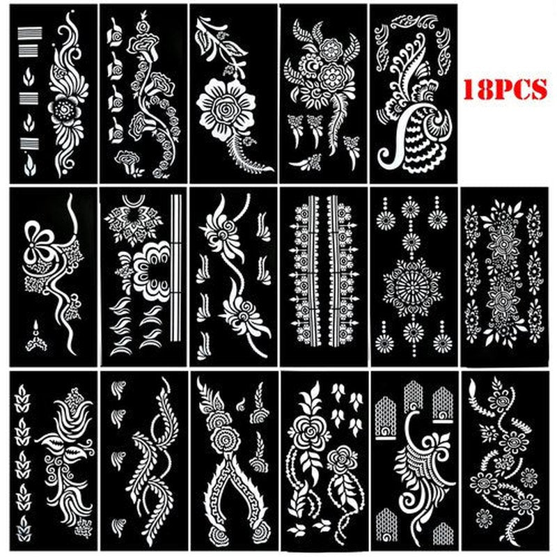 PADOUN 18-Sheet Henna Tattoo Stencils for Hands - Glitter Temporary Tattoo Templates, Indian Henna Tattoo Sticker Kit for Body, Arm, and Hand Painting