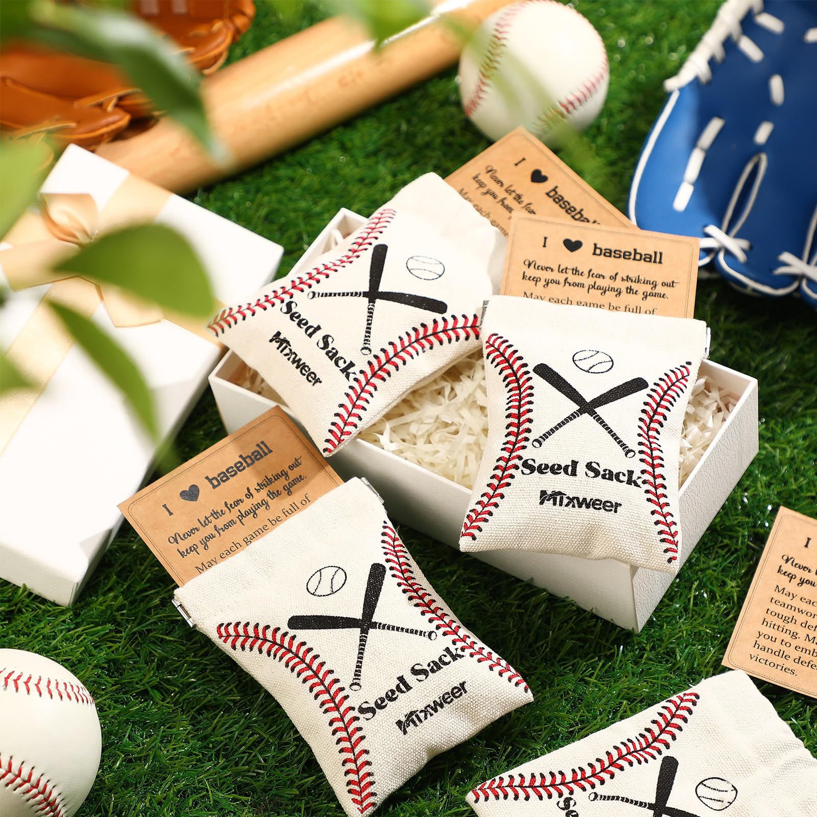 Mixweer 12 Sets Seed Pouch Bags with Message Gift Card Baseball Snack Bags Softball Seed Pouch for Players Team Gift for Field Team Party Favors(Beige,Baseball)
