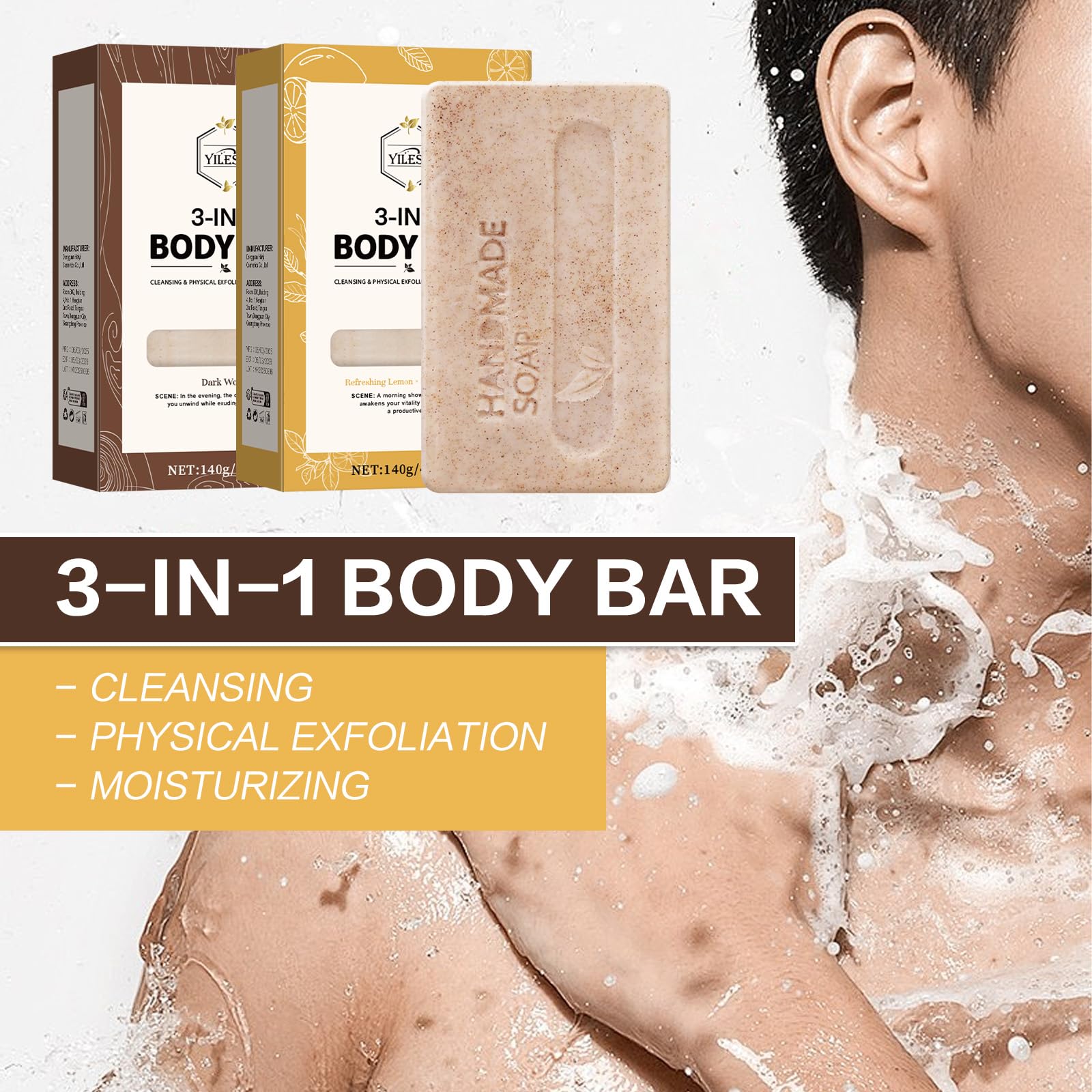 3-in-1 Men's Body Bar Soap Set for Summer – 2 PCS Exfoliating & Moisturizing Bar with Shea Butter & Oatmeal – Long-Lasting Fragrance – Sandalwood + Citrus Scents (2PCS Sandalwood + Citrus Scents)