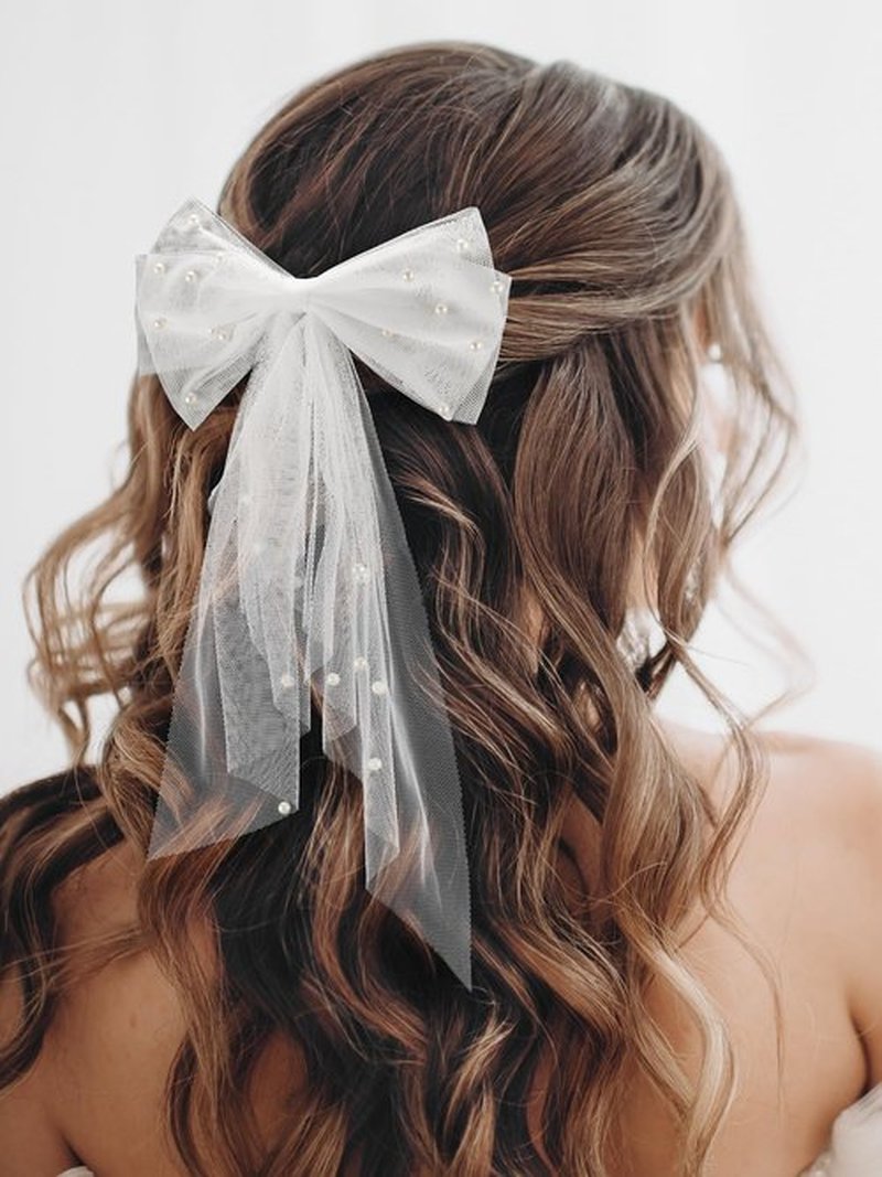 SWEETV Bridal Hair Bow Veil White Bow Clip Bachelorette Party Decorations Pearl Accessories Bride to Be Bridal Shower Gift
