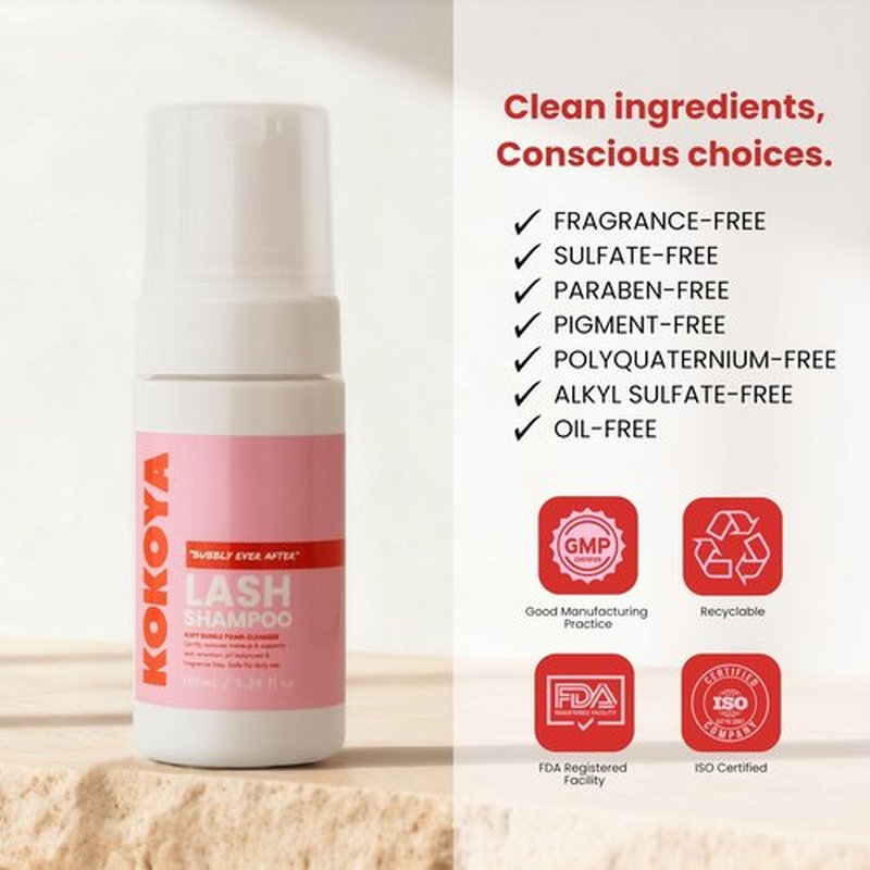 KOKOYA Beauty Lash Shampoo Kit – Eyelash Shampoo & Lash Cleaner for Extensions, Gentle pH-Balanced Eyelash Extension Cleanser with Brush + Spoolie, 100ml