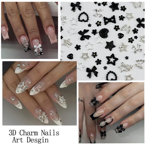 SEMATA 2Boxes 3D Nail Charms and Gems Black White Nail Pearls Rhinestones Flower Nails Charms Decoration for Nails Art Desgin Multi Sizes Sliver Flatback Pearls Bow Star Charm Set for Women
