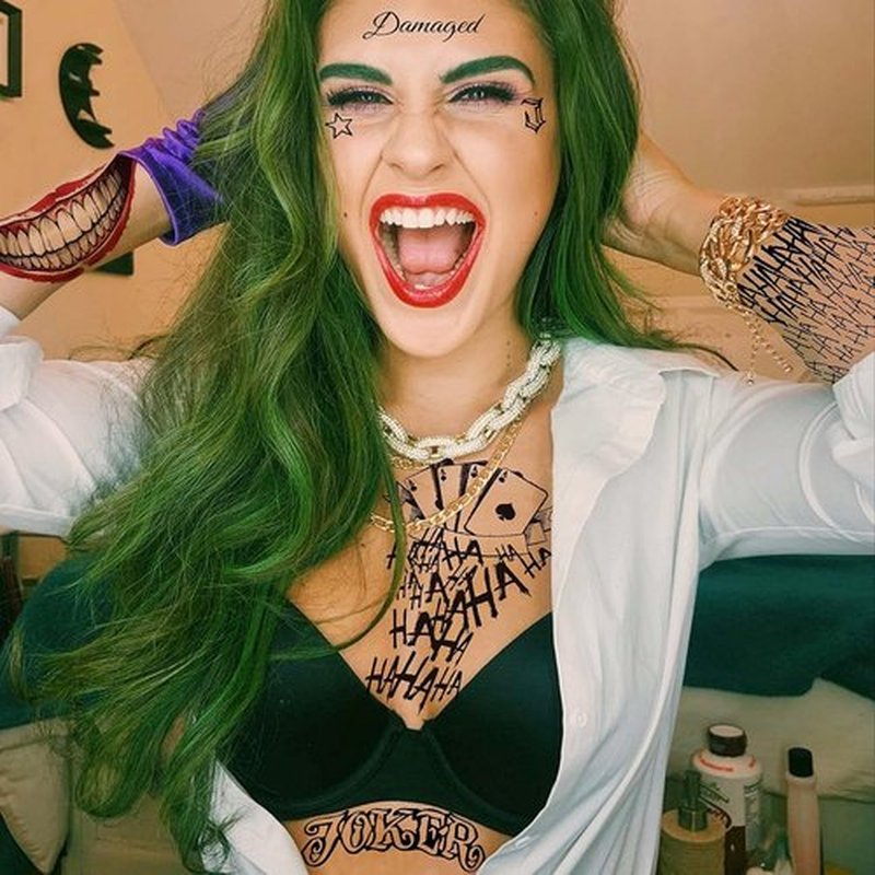 8 Sheets Joker Tattoos, Large-Size Waterproof Halloween Temp Tattoo for Men Women Adults, Suicide Squad Fake Stickers for Clown Costume Masquerade Cosplay Face Makeup Party Accessories
