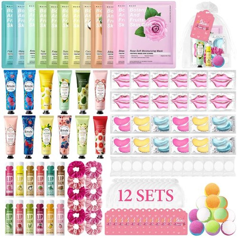120 PCS Spa Party Supplies for Girls, Spa Party Favors Include Face Masks Skincare, Hand Cream, Lip Balm, Under Eye Patches, Lip Mask, Foot Bath Bombs, Bulk Birthday Sleepover Party Supplies for Women