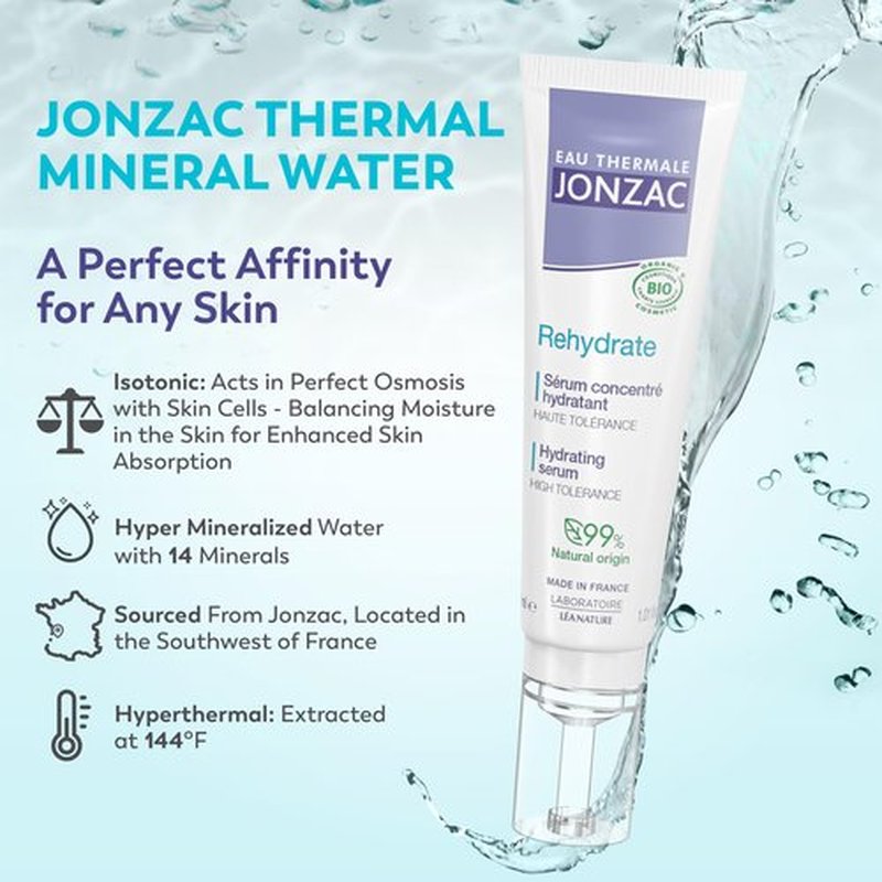 Eau Thermale Jonzac Rehydrate Organic Pure Hyaluronic Acid Hydrating Serum for Face - 24H Hydration - Plump and Repair Dehydrated Skin - Safe for Sensitive Skin - 1.01 Fl Oz
