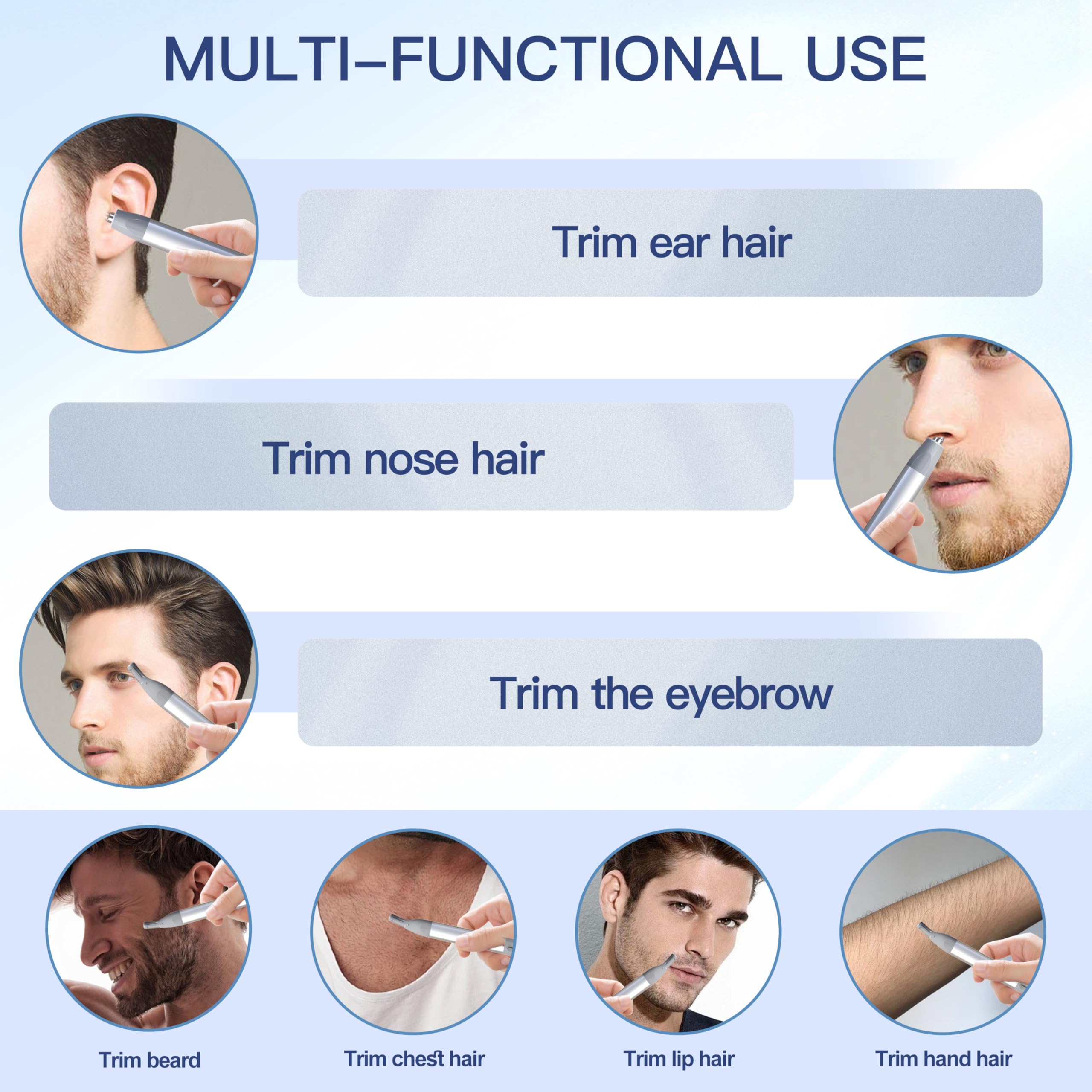 HEBECA Nose Hair Trimmer for Men & Women - 2in1 Rechargeable Ear and Nasal Hair Trimmer, Waterproof Nose Clipper, Electric Eyebrow Trimmer & Facial Hair Remover Grooming Set (Silver Grey)