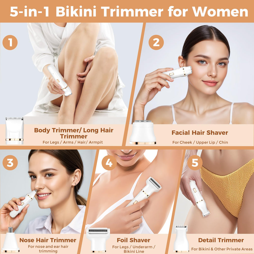 Bikini Trimmer for Women, 5-in-1 Waterproof Electric Razors for Women, Painless Pubic Hair Trimmer, Rechargeable Electric Shaver, Bikini Razor with Travel Case, Body Shaver & Face Nose Trimmer, Black