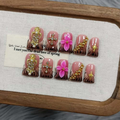 TENPAL Handmade Duckbill Press on Nails - Zebra Print & Pink Floral 3D Metal Cross Studs | Glossy Icy French Tips False Nails with Designs| Royal Core Aesthetic Glue on Nails for Daily Party Wear(S)
