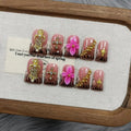 TENPAL Handmade Duckbill Press on Nails - Zebra Print & Pink Floral 3D Metal Cross Studs | Glossy Icy French Tips False Nails with Designs| Royal Core Aesthetic Glue on Nails for Daily Party Wear(S)